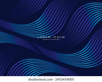 Dark blue abstract background with shining waves. Shiny line design element. Modern blue purple gradient flowing wave lines. Futuristic technology concept. Vector illustration.