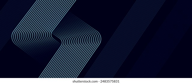 Dunkelblauer abstrakter Hintergrund mit leuchtenden geometrischen Linien. Moderne glänzende blaue Linien Muster. Futuristisches Technologiekonzept. Horizontale Banner Vorlage. für Cover, Poster, Präsentation, Vektorgrafik