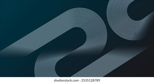 Dark blue abstract background with shining geometric lines. Modern shiny blue diagonal rounded stripes pattern. Futuristic technology concept. Suitable for banner, poster