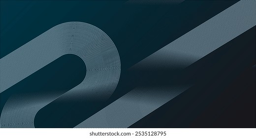 Fondo abstracto azul oscuro con líneas geométricas brillantes. Moderno patrón de rayas redondeadas diagonales azules brillantes. Concepto de tecnología futurista. 
