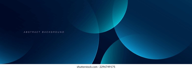 Dark blue abstract background with shiny geometric shape graphic. Modern blue gradient circles. Dynamic shapes. Horizontal banner template. Suit for cover, poster, brochure, presentation, website