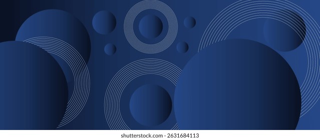 Dunkelblauer abstrakter Hintergrund mit glänzenden geometrischen Formen Grafiken. Moderner blauer Farbverlauf-Kreis. Dynamische Form. Geeignet für Cover, Poster, Broschüren, Präsentationen, Vektorgrafiken