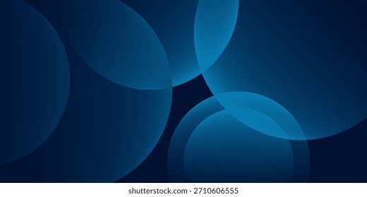 Dark blue abstract background with shiny geometric shape graphic. Modern blue gradient circles. Dynamic shapes. Horizontal banner template.