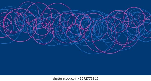 A dark blue abstract background showcases interconnected circles, forming a dynamic geometric pattern. The repeating shapes and uniform color create a visually appealing and versatile design.