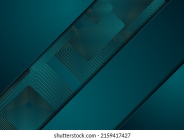 Dark blue abstract background with squares and golden linear pattern. Art deco ornament vector design