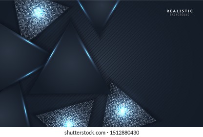 Dark blue abstract background with triangles overlap layers. Texture with light silver glitters dots element decoration. Elegant modern vector design concept for use element modern cover, banner,