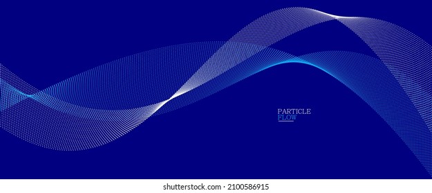 Dark blue abstract background, vector wave of flowing particles, curvy lines of dots in motion, technology and science theme, airy and ease futuristic illustration.
