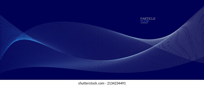 Dark blue abstract background, vector wave of flowing particles, curvy lines of dots in motion, technology and science theme, airy and ease futuristic illustration.