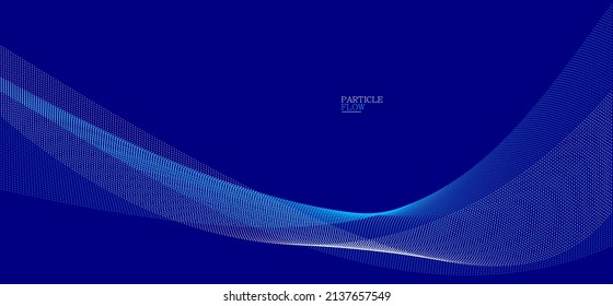 Dark blue abstract background, vector wave of flowing particles, curvy lines of dots in motion, technology and science theme, airy and ease futuristic illustration.