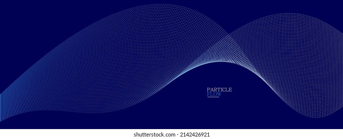 Dark blue abstract background, vector wave of flowing particles, curvy lines of dots in motion, technology and science theme, airy and ease futuristic illustration.