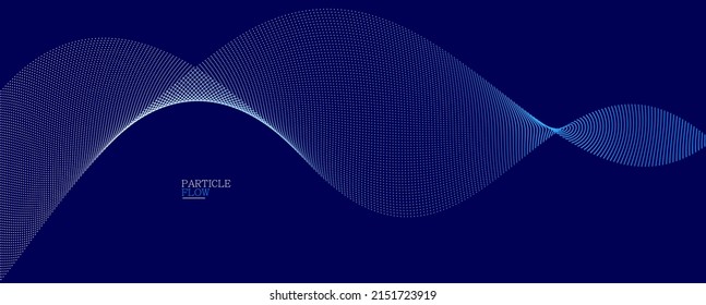 Dark blue abstract background, vector wave of flowing particles, curvy lines of dots in motion, technology and science theme, airy and ease futuristic illustration.