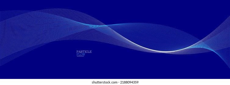 Dark blue abstract background, vector wave of flowing particles, curvy lines of dots in motion, technology and science theme, airy and ease futuristic illustration.