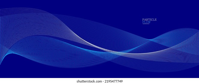 Dark blue abstract background, vector wave of flowing particles, curvy lines of dots in motion, technology and science theme, airy and ease futuristic illustration.