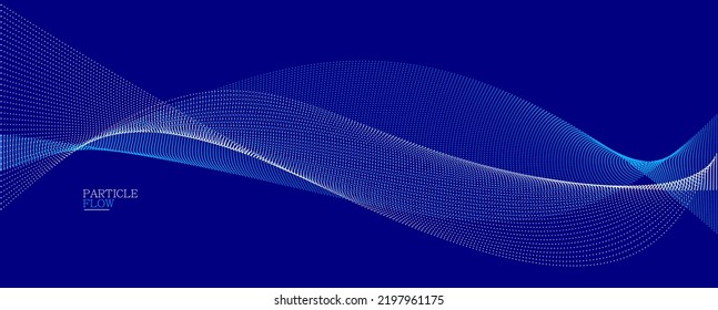 Dark blue abstract background, vector wave of flowing particles, curvy lines of dots in motion, technology and science theme, airy and ease futuristic illustration.
