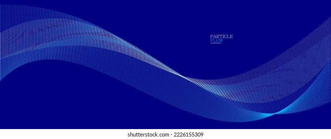 Dark blue abstract background, vector wave of flowing particles, curvy lines of dots in motion, technology and science theme, airy and ease futuristic illustration.