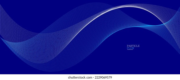 Dunkelblauer abstrakter Hintergrund, Vektorwelle von fließenden Teilchen, kurvige Linien von Punkten in Bewegung, Technologie und Wissenschaft Thema, luftig und einfach futuristische Illustration.