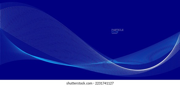 Dark blue abstract background, vector wave of flowing particles, curvy lines of dots in motion, technology and science theme, airy and ease futuristic illustration.