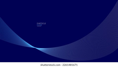 Dark blue abstract background, vector wave of flowing particles, curvy lines of dots in motion, technology and science theme, airy and ease futuristic illustration.