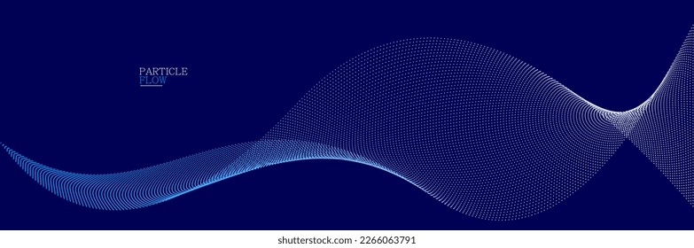 Dark blue abstract background, vector wave of flowing particles, curvy lines of dots in motion, technology and science theme, airy and ease futuristic illustration.