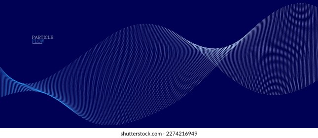 Dark blue abstract background, vector wave of flowing particles, curvy lines of dots in motion, technology and science theme, airy and ease futuristic illustration.