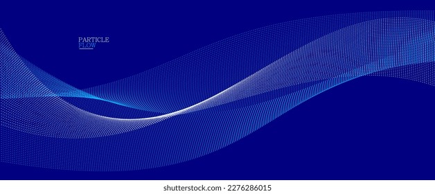 Dark blue abstract background, vector wave of flowing particles, curvy lines of dots in motion, technology and science theme, airy and ease futuristic illustration.