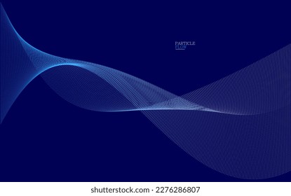 Dark blue abstract background, vector wave of flowing particles, curvy lines of dots in motion, technology and science theme, airy and ease futuristic illustration.