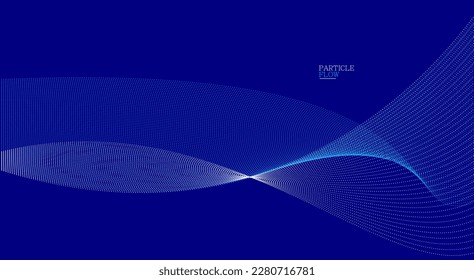 Dark blue abstract background, vector wave of flowing particles, curvy lines of dots in motion, technology and science theme, airy and ease futuristic illustration.