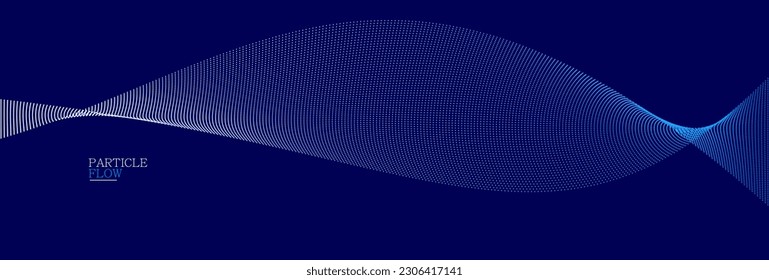 Dark blue abstract background, vector wave of flowing particles, curvy lines of dots in motion, technology and science theme, airy and ease futuristic illustration.