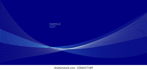 Dark blue abstract background, vector wave of flowing particles, curvy lines of dots in motion, technology and science theme, airy and ease futuristic illustration.