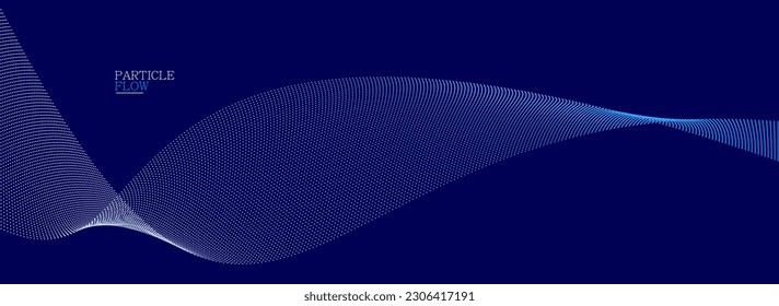 Dark blue abstract background, vector wave of flowing particles, curvy lines of dots in motion, technology and science theme, airy and ease futuristic illustration.