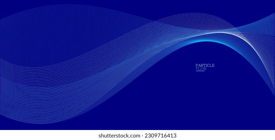 Dark blue abstract background, vector wave of flowing particles, curvy lines of dots in motion, technology and science theme, airy and ease futuristic illustration.