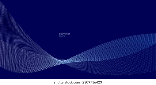 Dark blue abstract background, vector wave of flowing particles, curvy lines of dots in motion, technology and science theme, airy and ease futuristic illustration.