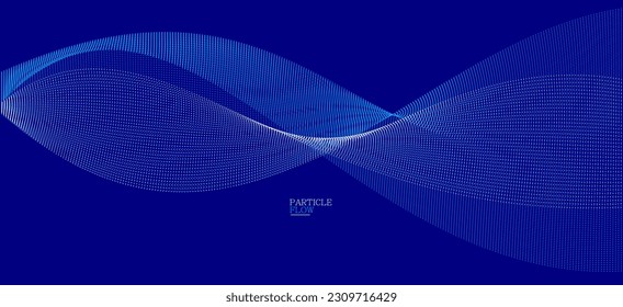 Dark blue abstract background, vector wave of flowing particles, curvy lines of dots in motion, technology and science theme, airy and ease futuristic illustration.