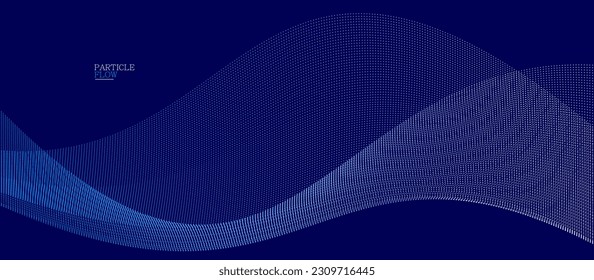 Dark blue abstract background, vector wave of flowing particles, curvy lines of dots in motion, technology and science theme, airy and ease futuristic illustration.