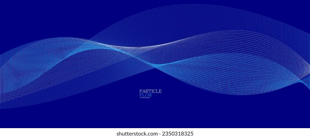 Dark blue abstract background, vector wave of flowing particles, curvy lines of dots in motion, technology and science theme, airy and ease futuristic illustration.