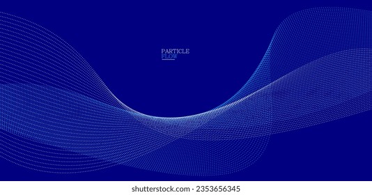 Dark blue abstract background, vector wave of flowing particles, curvy lines of dots in motion, technology and science theme, airy and ease futuristic illustration.