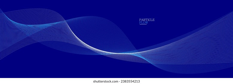 Dark blue abstract background, vector wave of flowing particles, curvy lines of dots in motion, technology and science theme, airy and ease futuristic illustration.