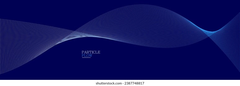 Dark blue abstract background, vector wave of flowing particles, curvy lines of dots in motion, technology and science theme, airy and ease futuristic illustration.