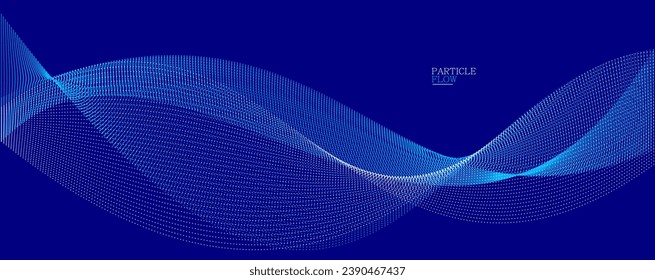 Dark blue abstract background, vector wave of flowing particles, curvy lines of dots in motion, technology and science theme, airy and ease futuristic illustration.