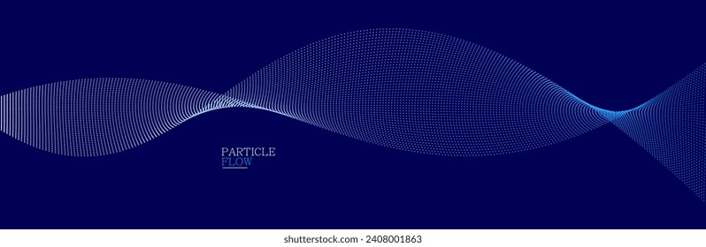 Dark blue abstract background, vector wave of flowing particles, curvy lines of dots in motion, technology and science theme, airy and ease futuristic illustration.