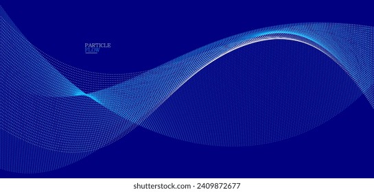 Dark blue abstract background, vector wave of flowing particles, curvy lines of dots in motion, technology and science theme, airy and ease futuristic illustration.