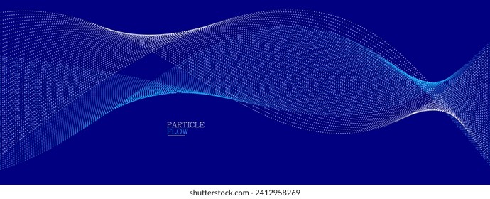 Dark blue abstract background, vector wave of flowing particles, curvy lines of dots in motion, technology and science theme, airy and ease futuristic illustration.