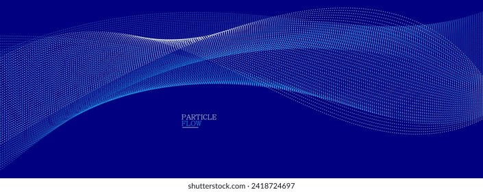 Dark blue abstract background, vector wave of flowing particles, curvy lines of dots in motion, technology and science theme, airy and ease futuristic illustration.