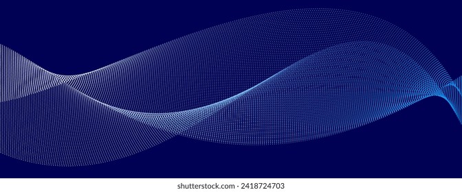 Dark blue abstract background, vector wave of flowing particles, curvy lines of dots in motion, technology and science theme, airy and ease futuristic illustration.