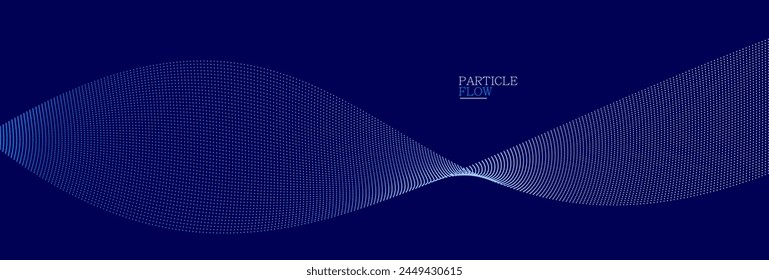 Dark blue abstract background, vector wave of flowing particles, curvy lines of dots in motion, technology and science theme, airy and ease futuristic illustration.