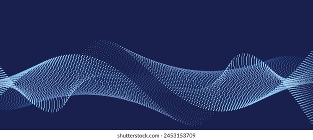 Dark blue abstract background, vector waves of flowing particles, curved lines of moving dots, technology and science theme, airy and easy futuristic.