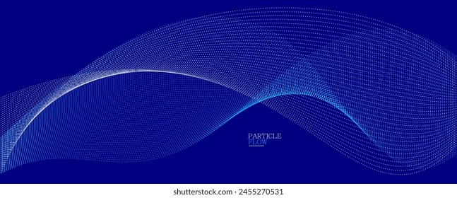 Dark blue abstract background, vector wave of flowing particles, curvy lines of dots in motion, technology and science theme, airy and ease futuristic illustration.