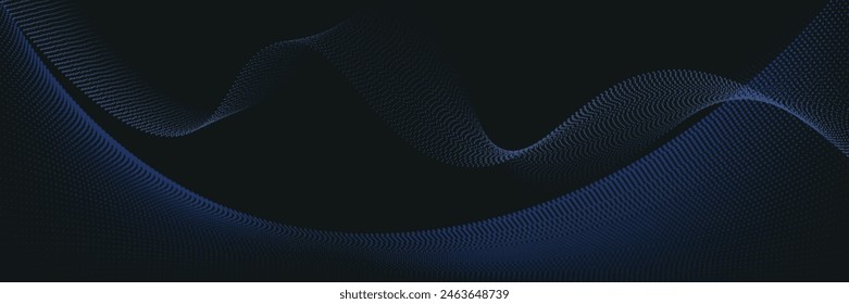 Dark blue abstract background, vector waves of flowing particles, curved lines of moving dots, technology and science theme, airy and easy futuristic.vector