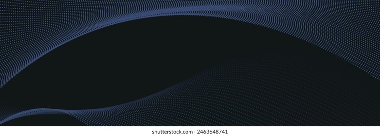 Dark blue abstract background, vector waves of flowing particles, curved lines of moving dots, technology and science theme, airy and easy futuristic.vector