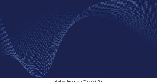 Dark blue abstract background, vector waves of flowing particles, curved lines of moving dots, technology and science theme, airy and easy futuristic.